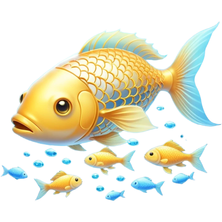 Ethereal golden fish swimming around a glowing brain, with omega-3 capsules floating between them. Flowing streams of luminous energy connect the fish, brain and omega symbol, all radiating with a soft golden light in a dreamy blue aura. emoji
