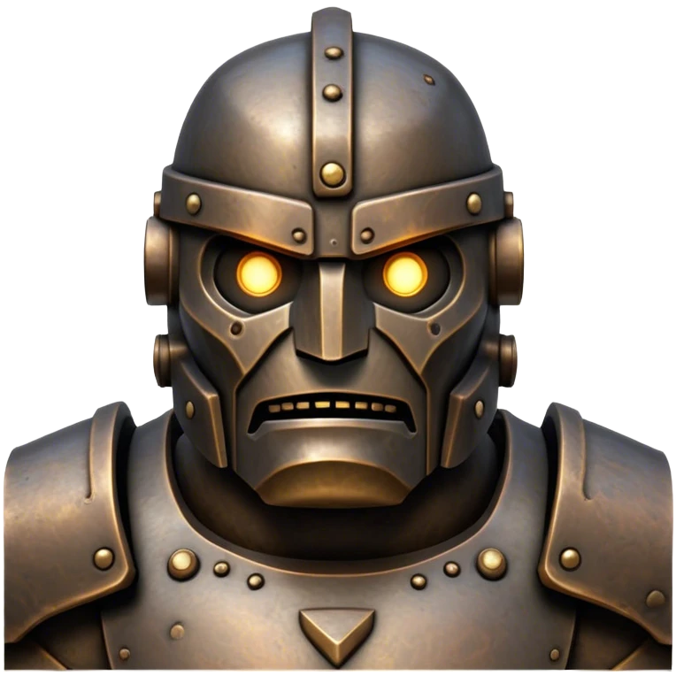 Cinematic Noble Mighty Iron Golem Portrait Emoji Poised and imposing, with a towering, metallic form forged from intricately detailed plates of burnished steel and ancient bronze, etched with faint traces of runes and weathered marks of time. Its piercing, glowing eyes radiate unwavering resolve, casting a solemn and commanding presence; rendered with lifelike texture and natural metallic highlights, high shine, elegant yet indomitable, styled with an aura of legendary endurance, focused and resolute, soft glowing outline, capturing the essence of an eternal guardian, standing vigilant and immovable as if ready to awaken at any moment with unstoppable might! emoji
