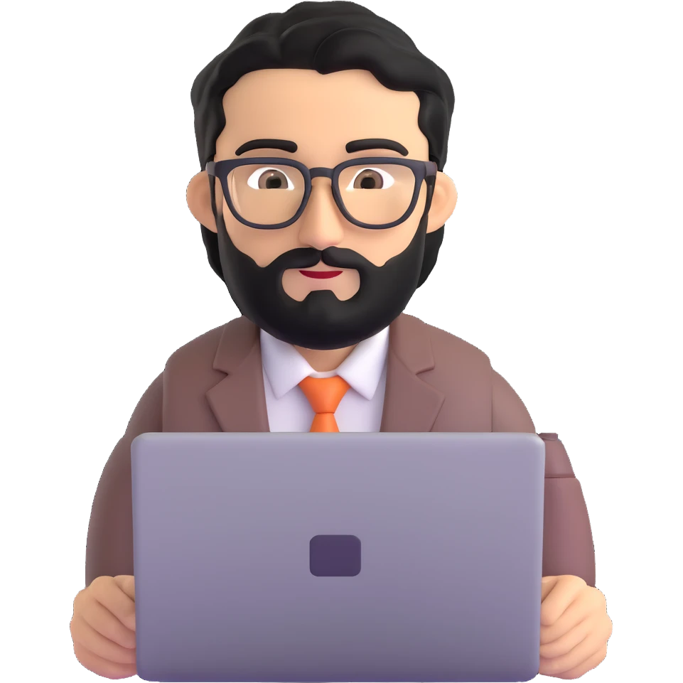 single professional man with medium black beard, neat black hair, connected unibrow, olive tan skin, brown eyes, glasses, prominent nose, wearing clean business casual attire, holding a laptop, centered portrait emoji