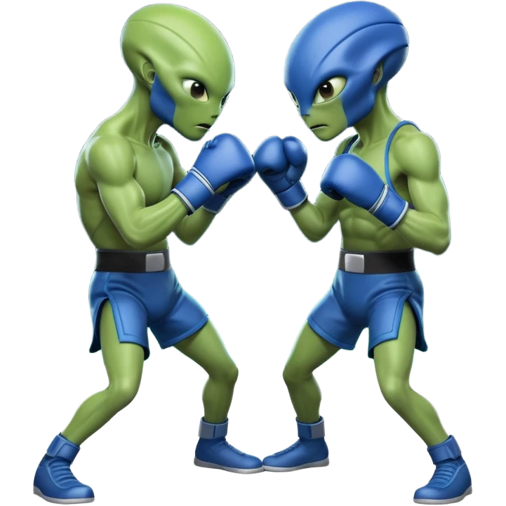 two aliens boxing in a fight stance, facing each other with raised gloves, dynamic action pose, intense expressions, sci-fi arena vibe, 3D cartoon style, mobile game icon style, clean background, no text, no watermark
 emoji