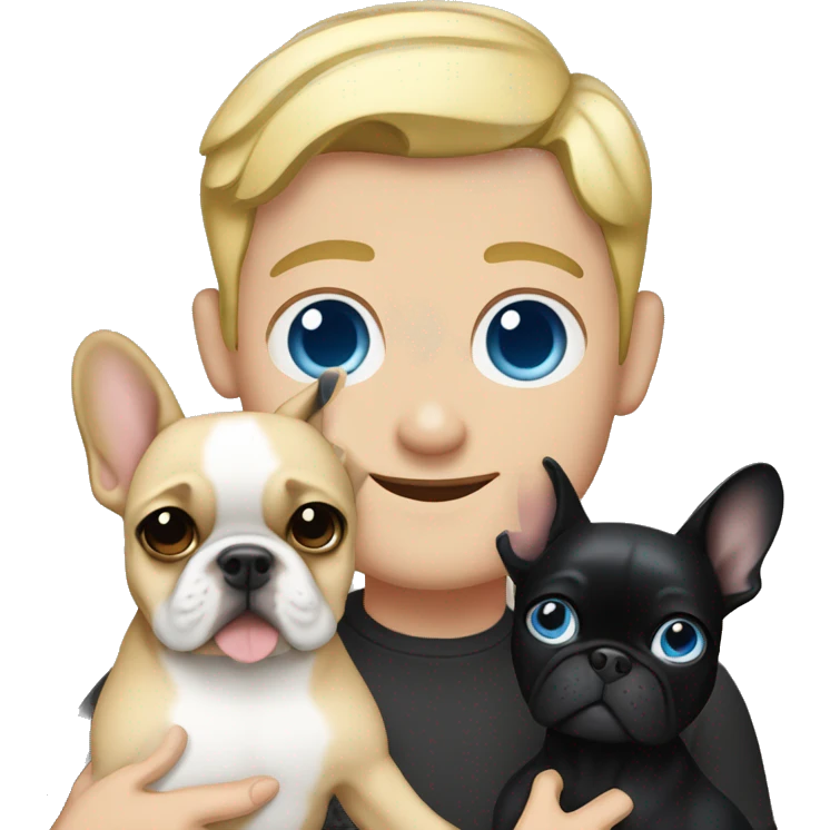 Man with blue eyes and black hair holds a blonde frenchie  emoji
