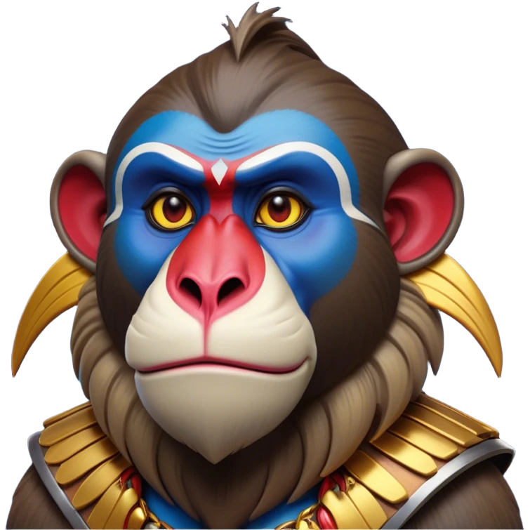Cinematic Noble Mandrill Portrait Emoji, Poised and regal, with a striking, powerful build and a vivid, multicolored face accented by bold blue, red, and yellow hues, deep-set soulful eyes, Simplified yet sharp and sophisticated features, highly detailed, glowing with a vibrant, dignified glow, high shine, intelligent and commanding, stylized with an air of exotic majesty, focused and attentive, soft glowing outline, capturing the essence of a watchful and confident primate, so majestic it feels as though it could step out of the screen with effortless authority! emoji