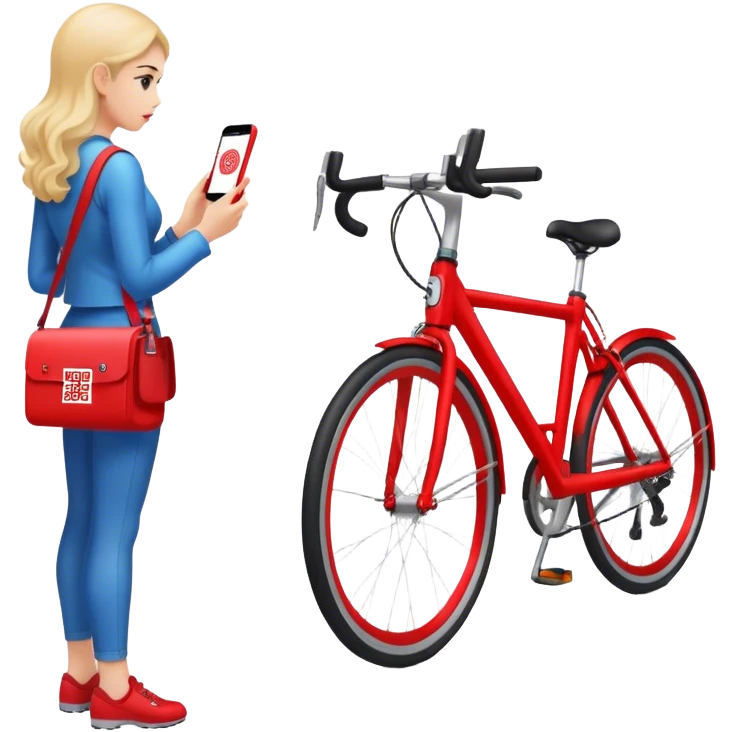 QR code on a red bike and a woman scanning the code standing next to the bike a few feet awy emoji