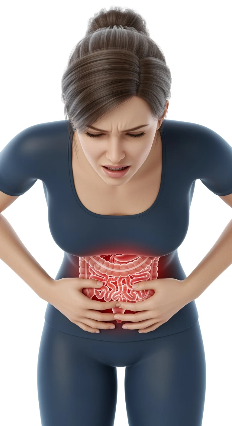 donna piegata in avanti frontalmente con mal di pancia, espressione di dolore in volto in primo piano e intestino anatomico in evidenza, iperrealistico 4k, sfondo bianco emoji