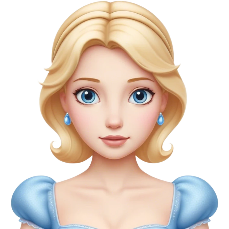 Cinematic Realistic Cinderella Portrait, depicted with lifelike skin texture, subtle rosy undertones, and soft natural lighting that enhances the gentle contours of her face. Her intricately detailed golden blonde hair is elegantly styled in an updo, with delicate wisps framing her face for added realism. Her deep, expressive blue eyes radiate warmth and sincerity, reflecting a quiet resilience and grace. She is dressed in her iconic ball gown, the fabric shimmering with intricate embroidery and fine translucent layers that catch the light beautifully. The soft sheen of satin gloves and the delicate sparkle of a glass-like slipper peeking from beneath her dress add a touch of magical realism. The portrait features an enchanting glow with a natural, luminous finish, seamlessly blending realism and fairytale charm to evoke a sense of depth, elegance, and timeless beauty. emoji