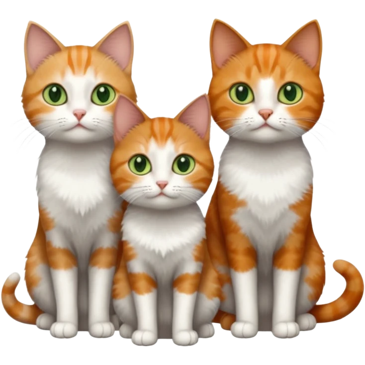 full body of 3 tiny short hair cats including a dark grey and white cat with green eyes, a ginger and white with orange eyes and a brown tabby and white with hazel eyes emoji
