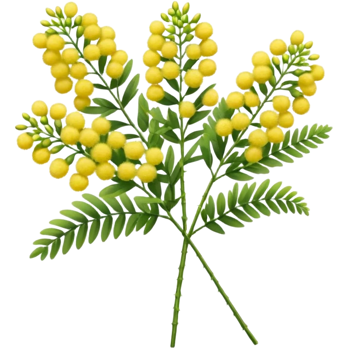 small cluster of fluffy round yellow mimosa blossoms with tiny filament-like petals, arranged along slender green stems with delicate feathery leaves, vibrant and soft early spring bloom, apple emoji style, soft lighting, subtle shadows, transparent background, emoji scale emoji