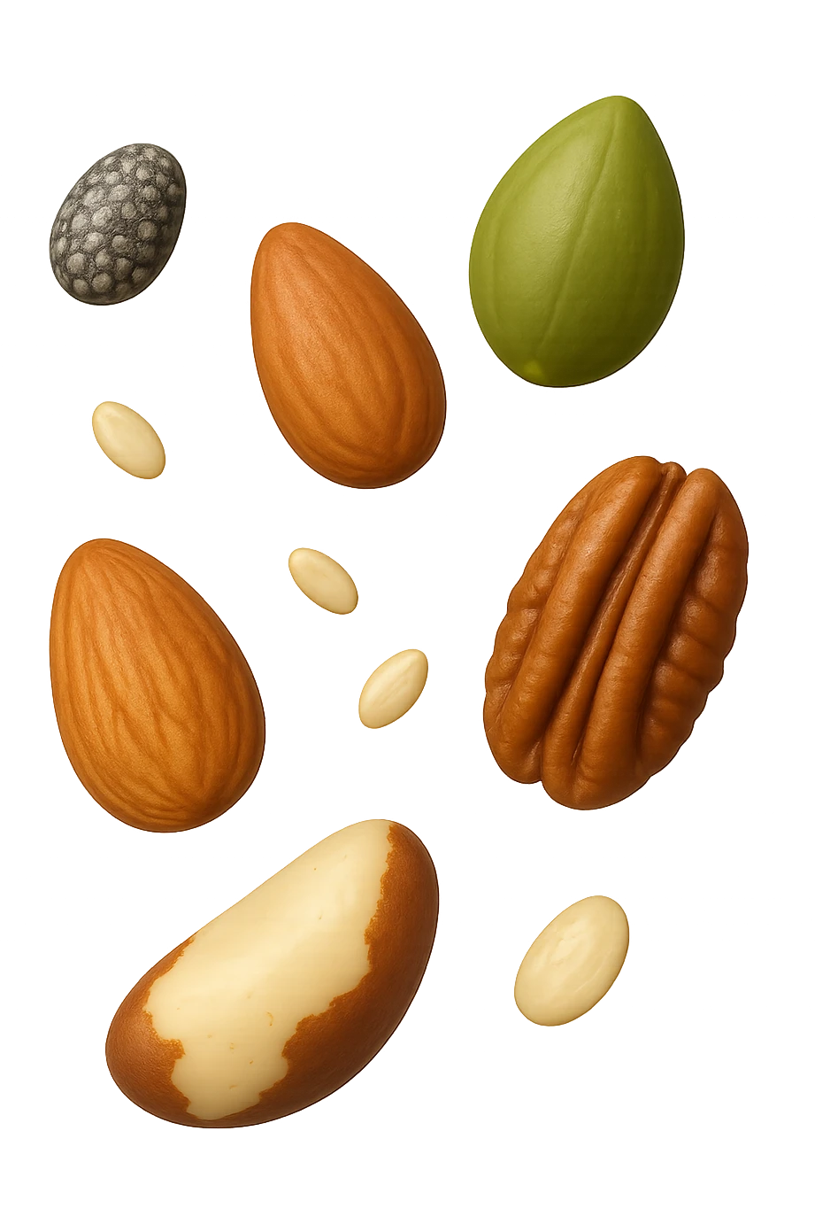 emoji stile iphone 3d di questi elementi che fluttuano in aria:

Semi di chia, lino, zucca, sesamo
Mandorle, noci pecan, noci brasiliane (porzioni limitate)

 che fluttuano sparse casualmente in aria, iperealistico 4k emoji