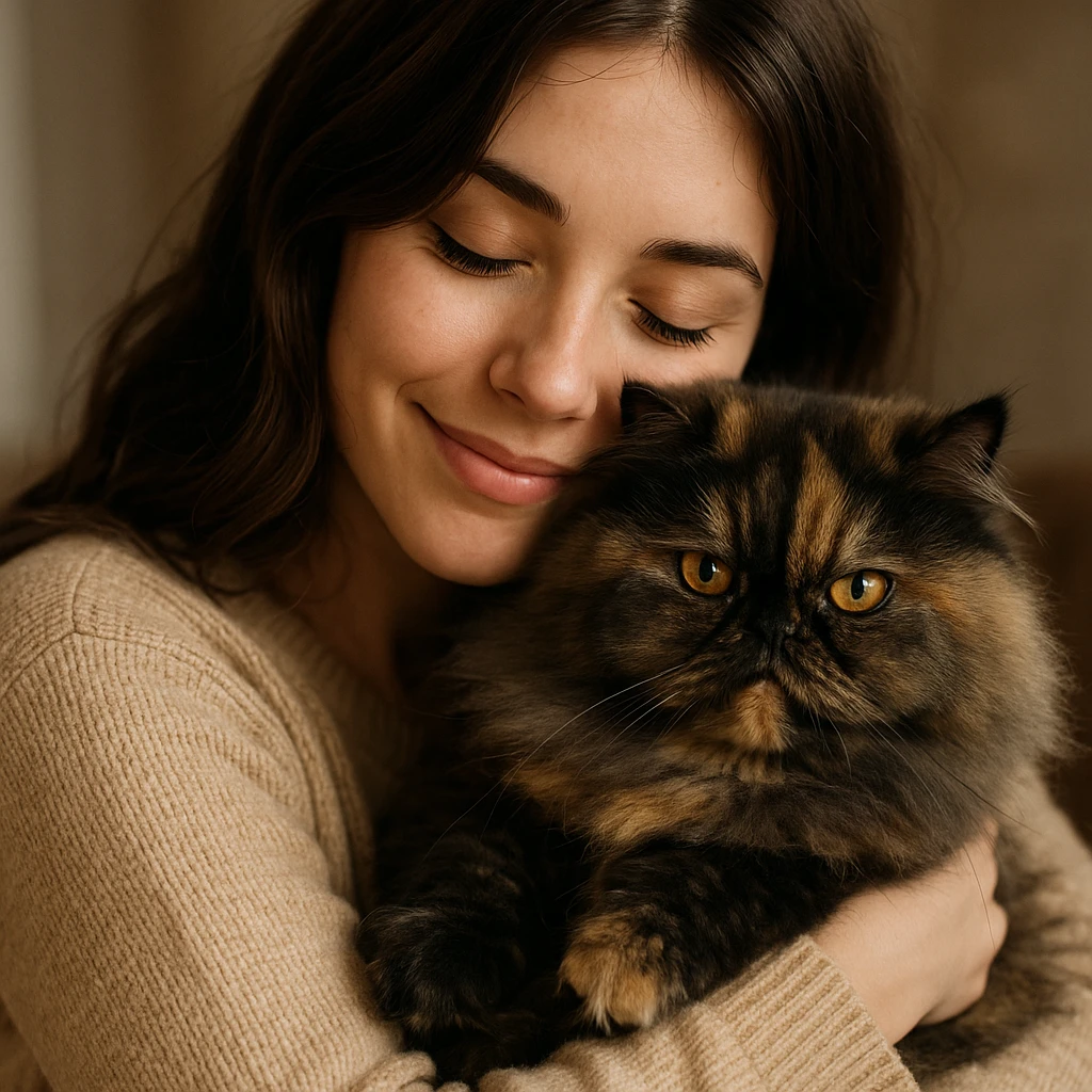 brunette girl hugging a fluffy tortoiseshell Persian cat, cozy and loving emoji