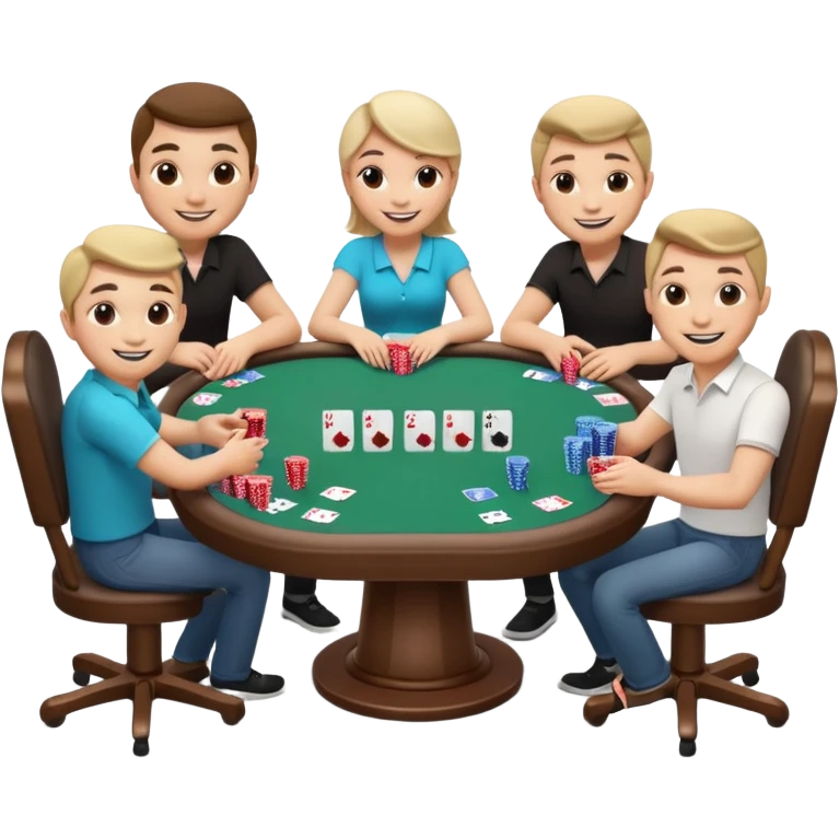 A 3D cartoon poker table with cards, chips, and smiling players, soft lighting, Memoji-style. emoji