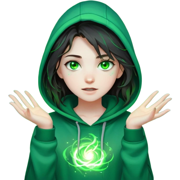 a teenage girl with pale skin, dark messy hair, glowing green eyes, wearing casual, modern clothes like a hoodie and jeans. She’s surrounded by swirling green magical energy with sparks of magic around her hands.” emoji