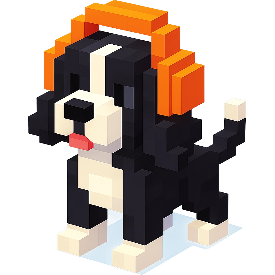 black and white Russian Cocker Spaniel puppy wearing headphones, wagging tail pose emoji