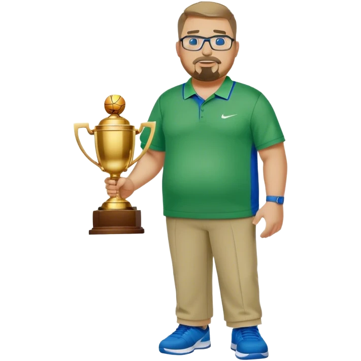 full body white obese male basketball coach with trophy. Goatee , Wearing glasses and blue and green nike polo shirt and khaki pants emoji