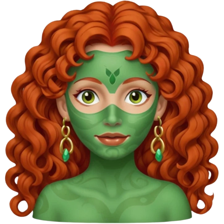 red haired very long curly haired woman with full face green clay mask  and big earrings  emoji