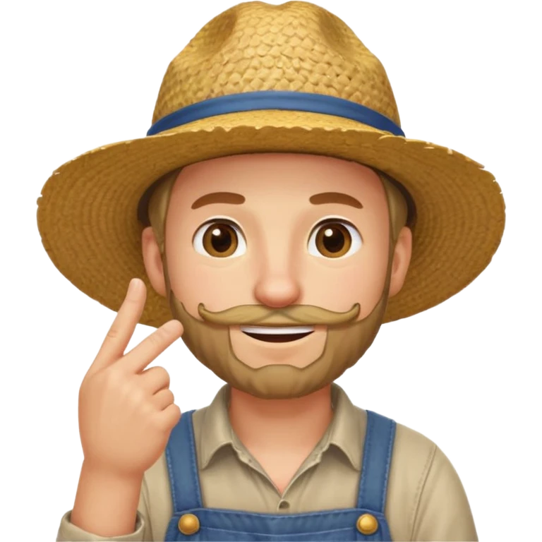 “A single emoji-style character combining 👨‍🌾😄 and 🤔: a smiling farmer man with a straw hat, friendly face, and light beard, holding one hand under his chin in a thinking gesture. His index finger rests under his face, eyes looking slightly upward as if thinking.  emoji