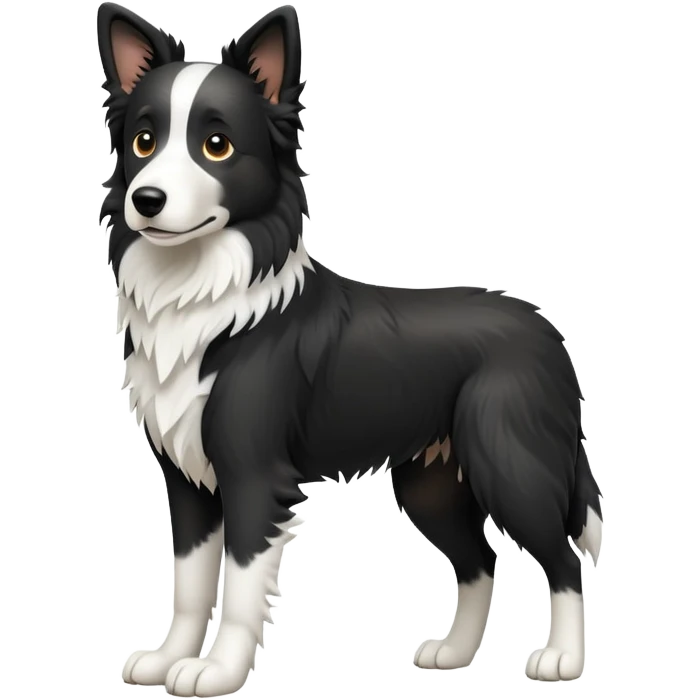 cinematic-[border collie dog]-realistic-full-body-sitting-emoji,-tail-resting-loosely-beside-its-paws,-head-tilted-dramatically,-scruffy-[black and white]-fur,-simplified-yet-realistic-focused-features,-highly-detailed,-glowing-with-an-almost-sarcastic-glow emoji