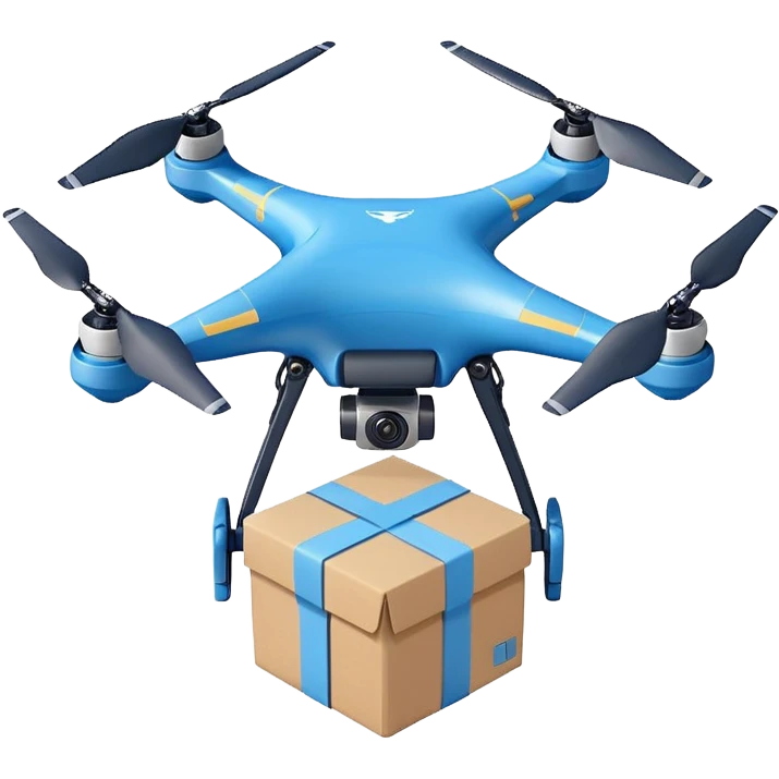 Delivery drone sticker, and blue texture on the body quadcopter carrying small package box, friendly design, simple flat vector style, soft shadow, white outline, transparent background emoji