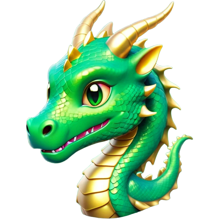 Cinematic Cute Dragon Portrait Emoji, Head tilted playfully and inquisitively, featuring a sleek, serpentine form adorned with iridescent scales that shift between emerald and gold, a delicate set of subtle horns, and round, sparkling eyes full of curious magic; rendered with realistic detail and warm natural light, high shine, affectionate and enchanting, styled with a touch of whimsical fantasy, soft glowing outline, capturing the essence of a mischievous yet lovable dragon that seems poised to slither playfully into your arms! emoji