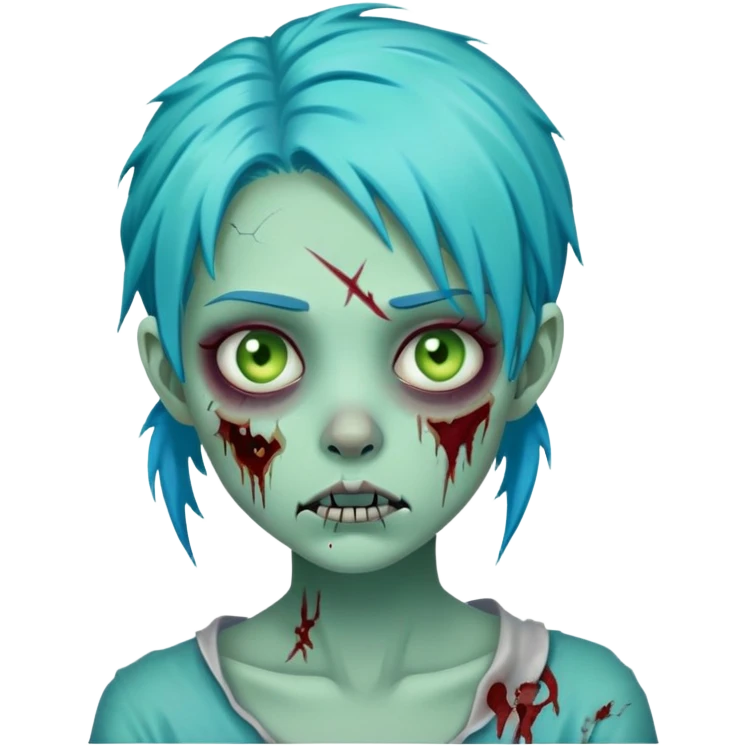 zombie girl with turquoise blue hair, pale green skin, stitches on face, cartoonish undead appearance emoji