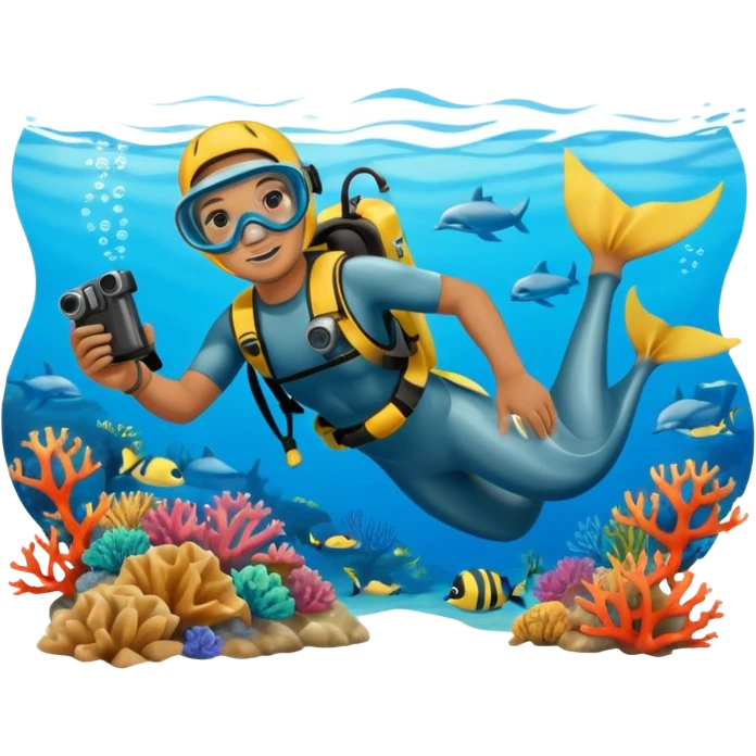 A brave dolphin diver in flippers and mask, exploring coral with a waterproof camera.

 emoji