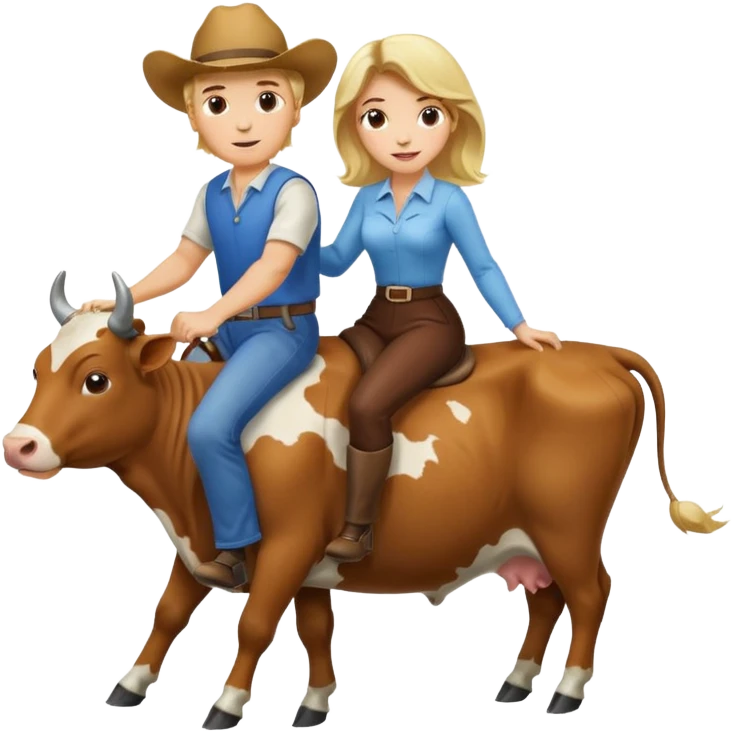 Do a man and a woman riding cows , the man is blond and woman a brunette emoji