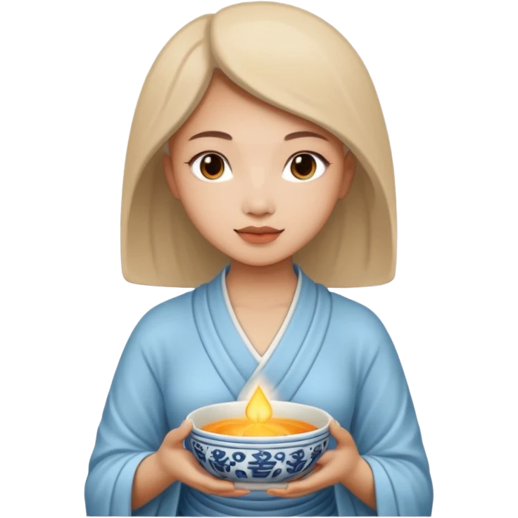 A woman holds a Buddhist empty bowl in her hands. There is a glow around the girl. emoji