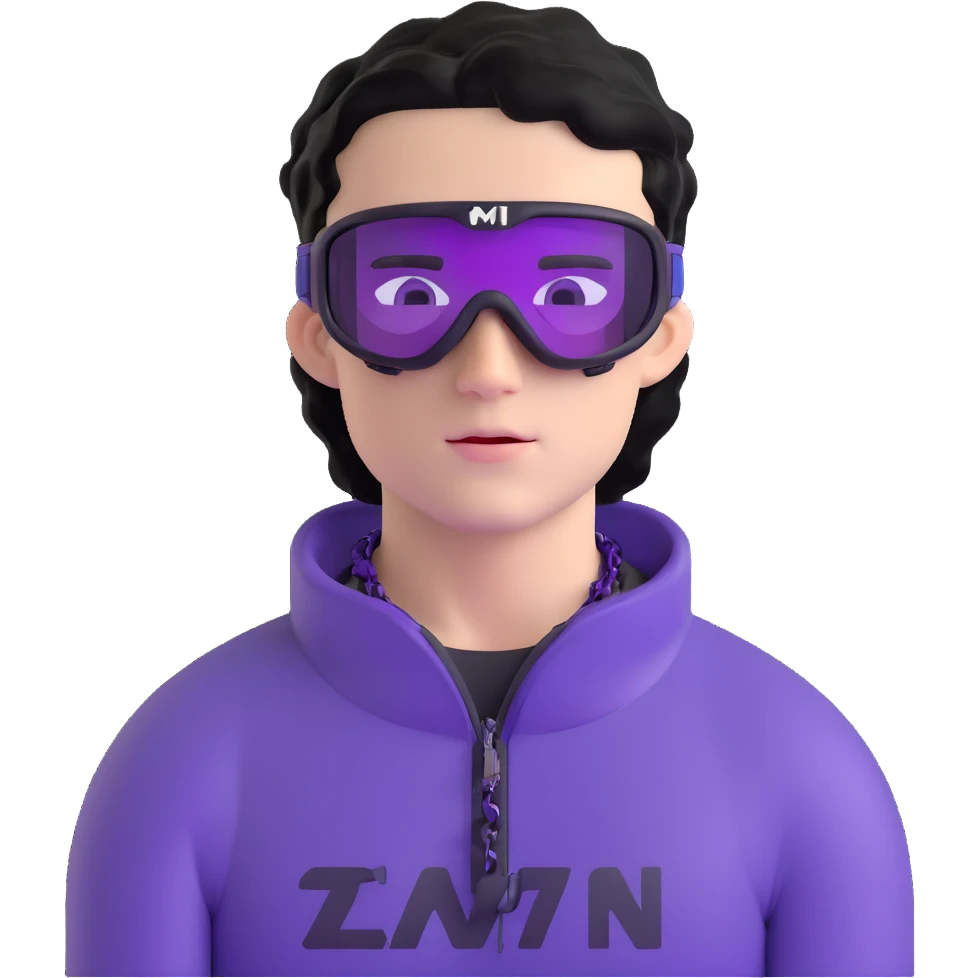shirtless male athlete with white skin and moderately curly black hair on top with shaved sides, wearing ski goggles with purple frames/outline and very dark heavily tinted black lenses that completely hide the eyes, and a simple plain black chain necklace, no earrings emoji