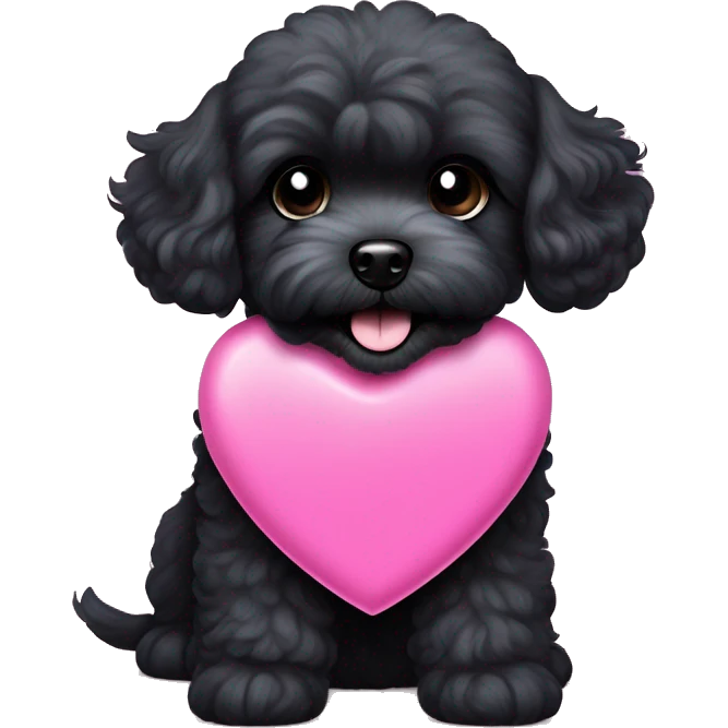 Black maltipoo dog sticking out tongue and happy with a blue collar that has a pink heart tag emoji