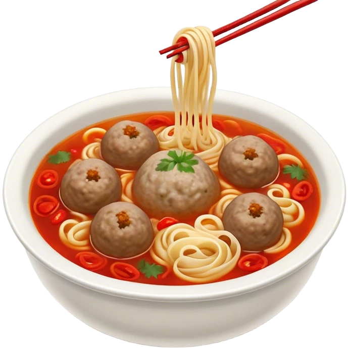 Cinematic Realistic Bakso Dish Emoji, showcasing savory meatball soup with noodles rendered with detailed textures and warm, inviting lighting. emoji