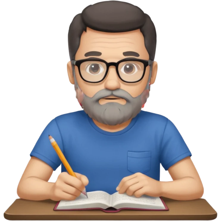 A man with a large gray beard, dark hair, wearing a t-shirt and glasses, studying. emoji