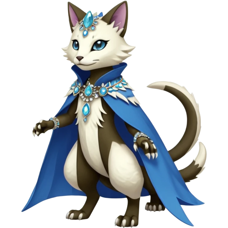 Kawaii cute beautiful pretty elegant divine edgy feline-vernid-sergal-Fakémon-Pokémon-Digimon-fursona-animal-creature, full body, with intricate detailed markings, Embroidered capelet, Gem-studded horn ring emoji