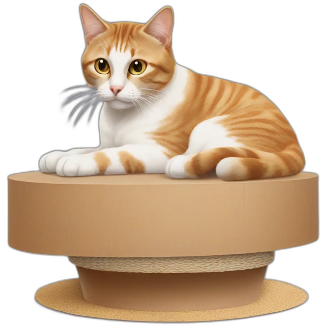 staring cat sat on oval cardboard scratcher emoji