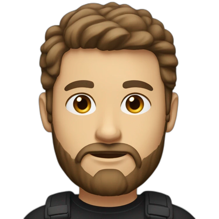 White man with a sun kissed tan and blue eyes. His hair is dark brown, styled sideways backwards. He has a beard and mustache trimmed. Wears a black t-shirt, Apple pencil behind his ear. emoji