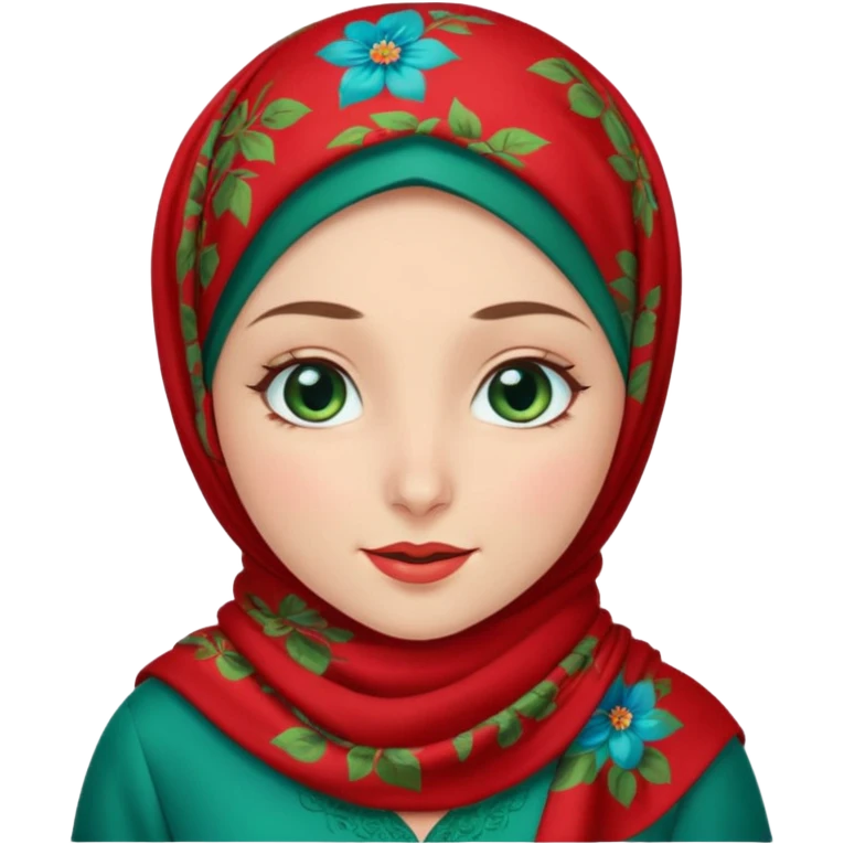 Turkish beautiful finish Konya girl blue eyes with red floral hijab and green red dress and she winked  emoji