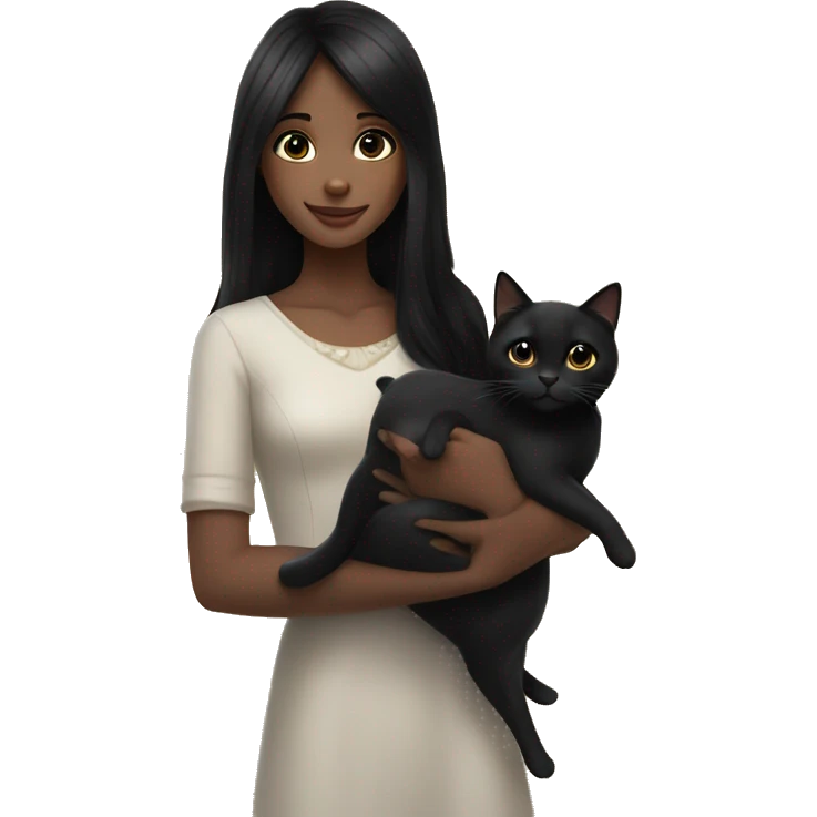 A girl with black hair and black eyes, large and very beautiful, gently smiling, holding a black cat in her hand—absolutely stunning. emoji