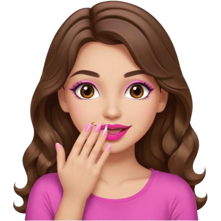 girl with long wavy brown hair, brown eyes, long lashes makeup, sexy pink lips, light to medium complexion, pink sexy top, smiling, hand covering mouth emoji