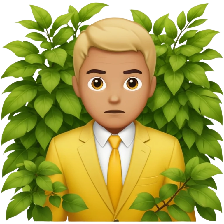 Man in a yellow suit looking suspicious while hiding in a bush emoji