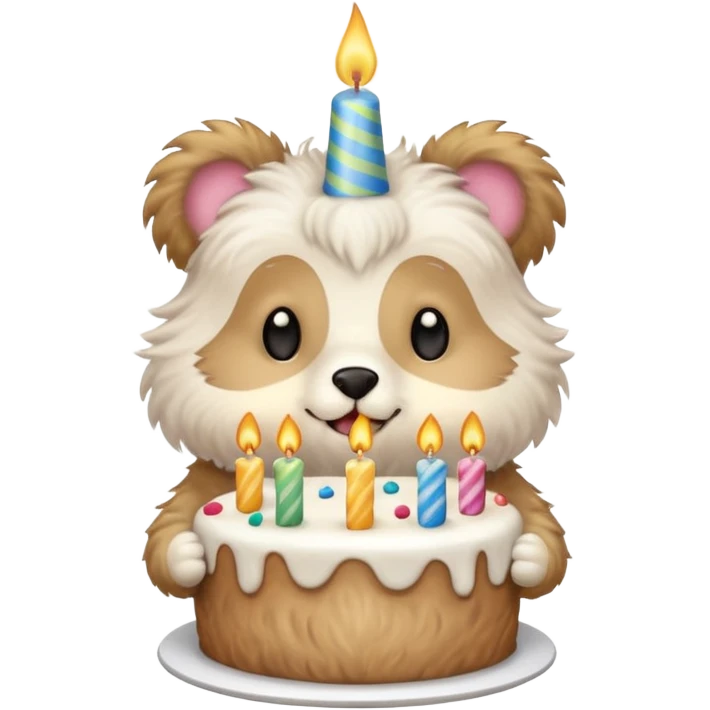 A cute animal holding a birthday cake and blowing out the candle emoji