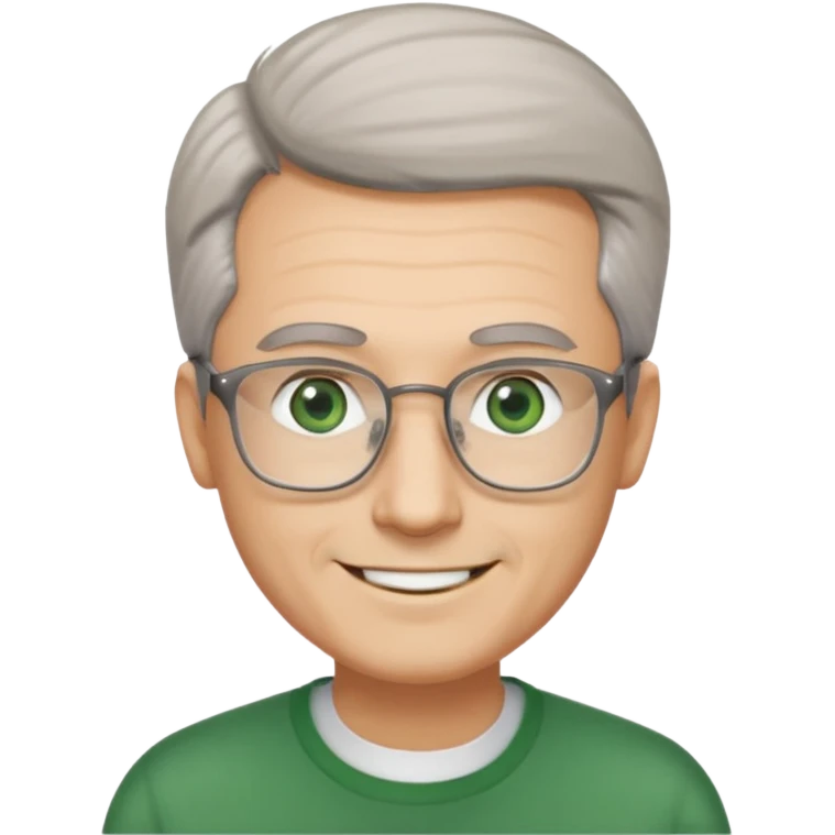 Man with receding hair, grey hair only on the sides, green eyes, rectangular reading glasses, rounded clear face, with a smile emoji