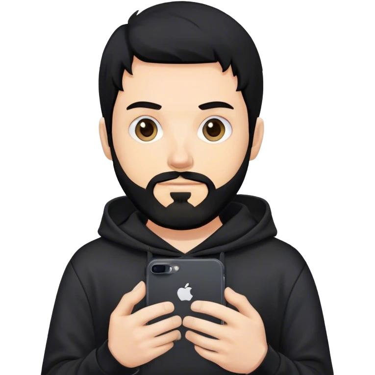 hackeur blanc cheveux noir barbe et capuche noir avec un iphone 16 pro emoji