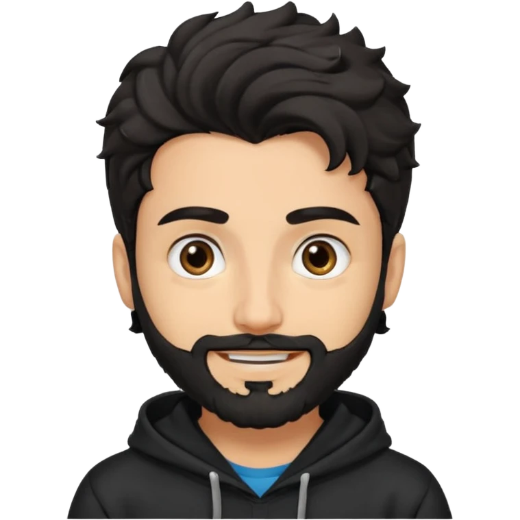 young fair skin pakistani guy smiling with black beard, wavy hair pushed back and brown eyes and big eyebrows, wearing black hoodie emoji