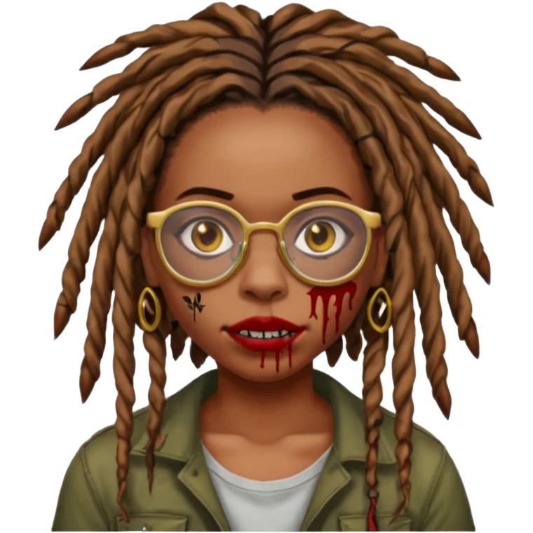 an african american girl with mid back length dread locs black glasses scar on the right side of face its like a red brown line im gold grills zombie mouth locs upfront emoji