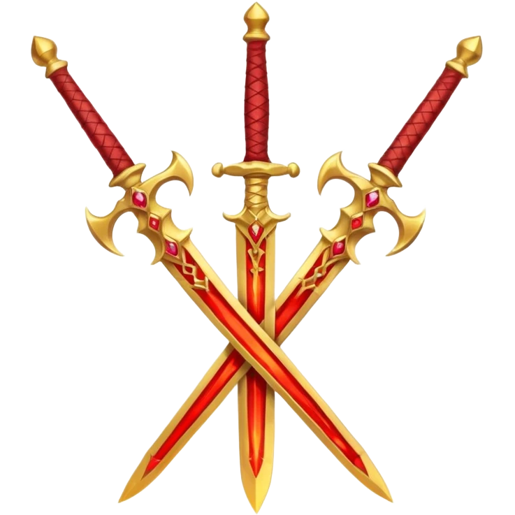 Two crossed swords that are golden in blade and handle and have fiery and royal appearence to them as well as red gem stones yellow in color emoji