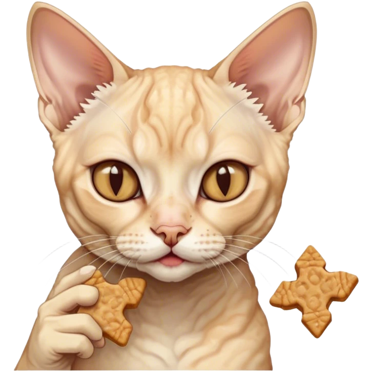 A cream - colored tabby Devon Rex cat eating cat treats emoji