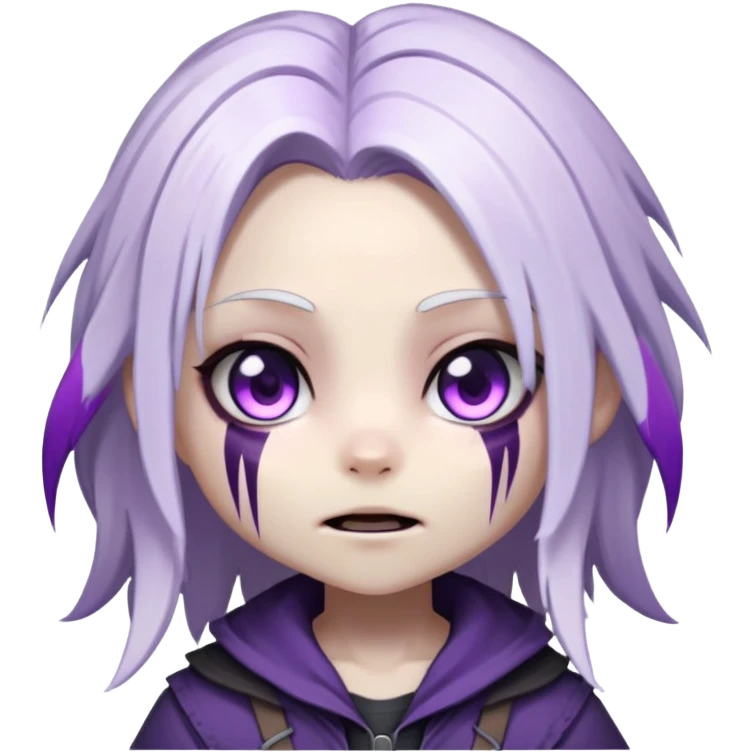 Chibi Sable Ward from Dead by Daylight with long white hair with purple streaks and fully purple eyes, detailed and expressive, cute exaggerated style with large expressive eyes and clear emotion emoji