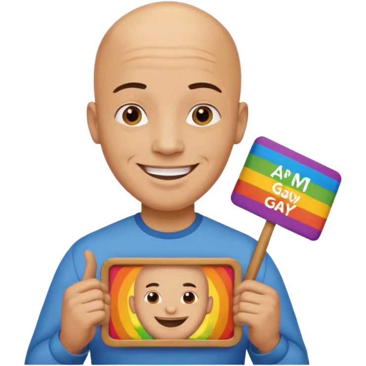 bald guy holding sign that says "am gay" emoji