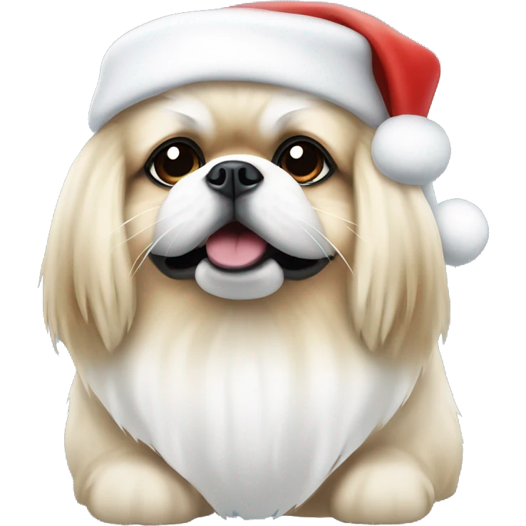 White Pekingese wearing a Santa hat emoji