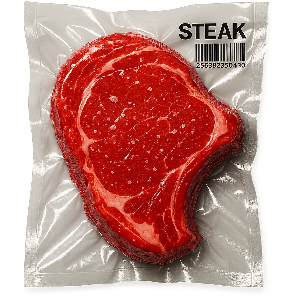 juicy steak sprinkled with tiny crystals, shiny and inflated, vacuum-sealed style emoji