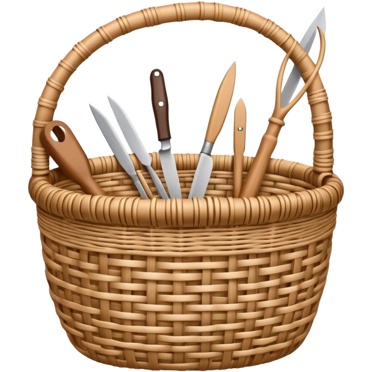 Wicker weaving icon, flexible wicker branches woven into a basket or decorative object, weaving tools like a knife or awl, intricate patterns, minimalistic style, clean lines, transparent background. emoji