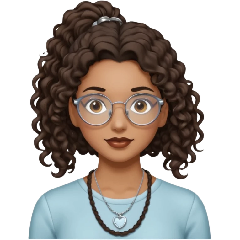chica morena de ojos claros con gafas exagonales redondeadas. y pelo rizado castaño con todo el pelo recogido en una coleta . y un collar de plata emoji